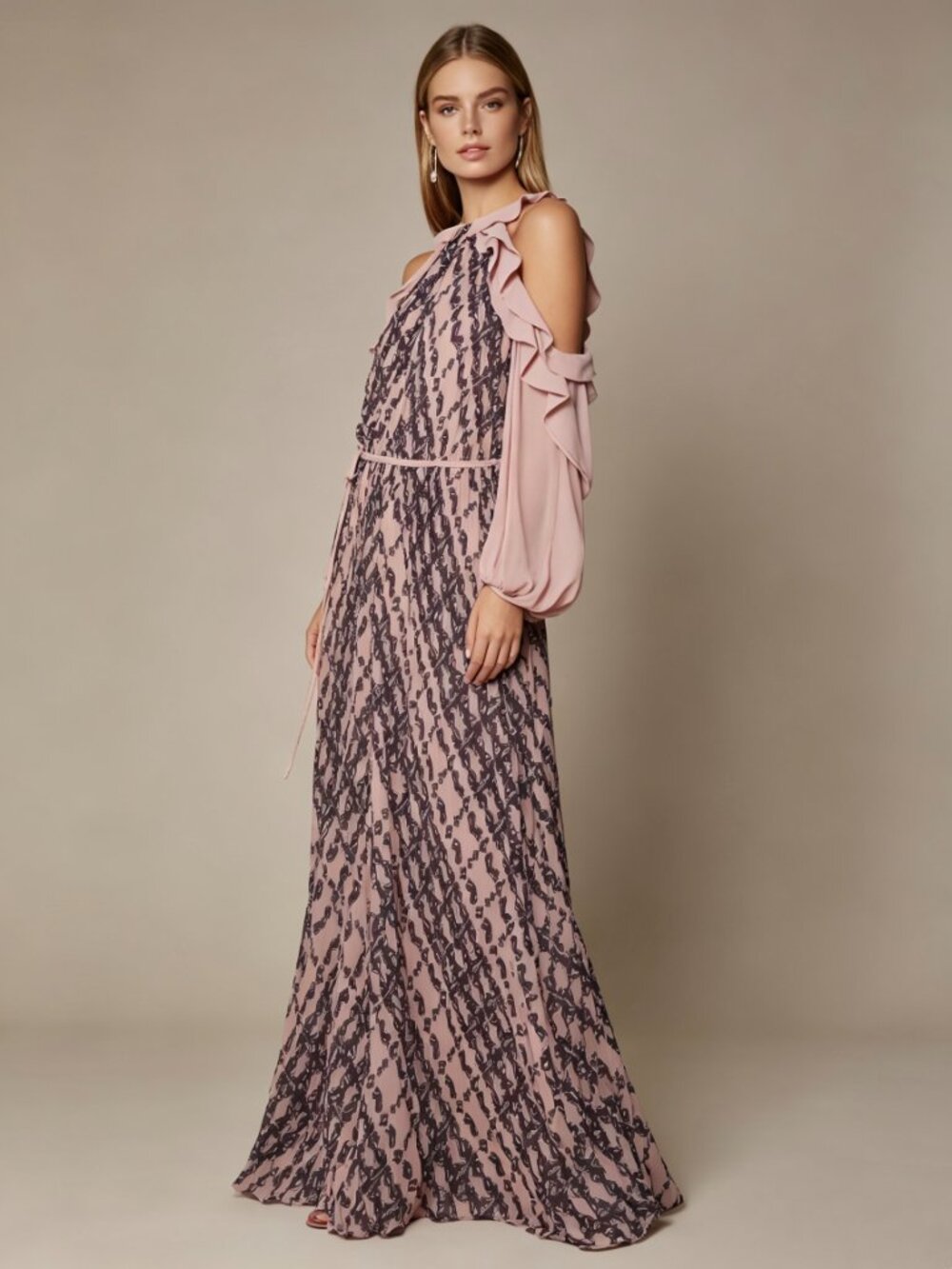 $615 NWT Self-Portrait Printed Frill Balloon Sleeve Pleated Maxi Dress